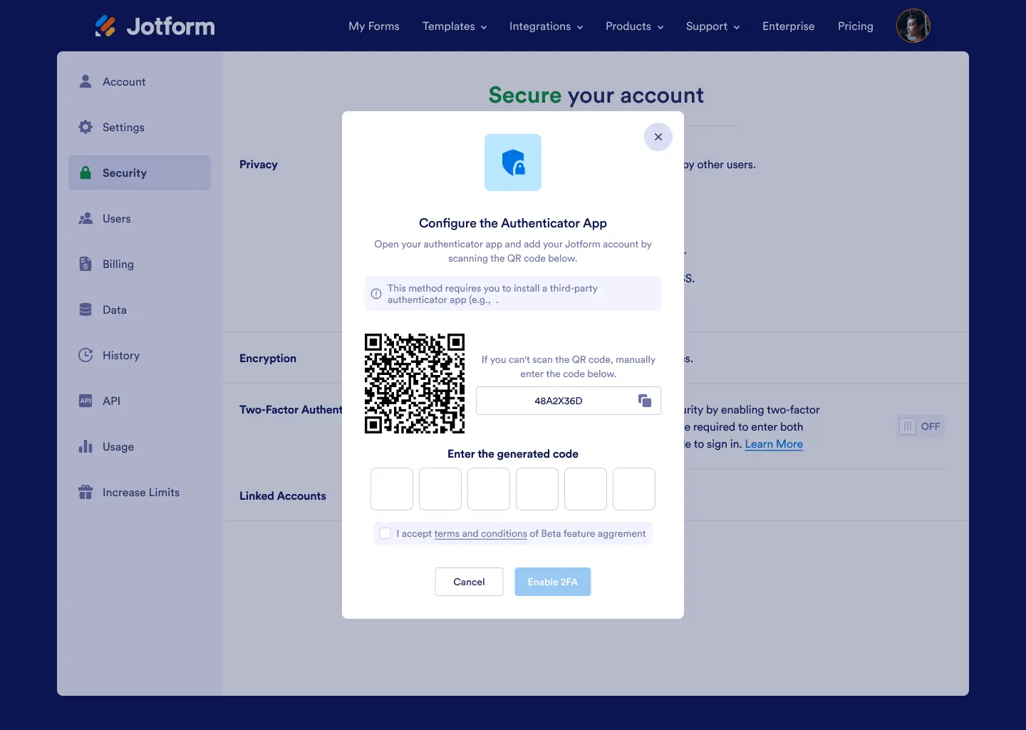 Authenticator app setup — QR enrollment with manual code fallback