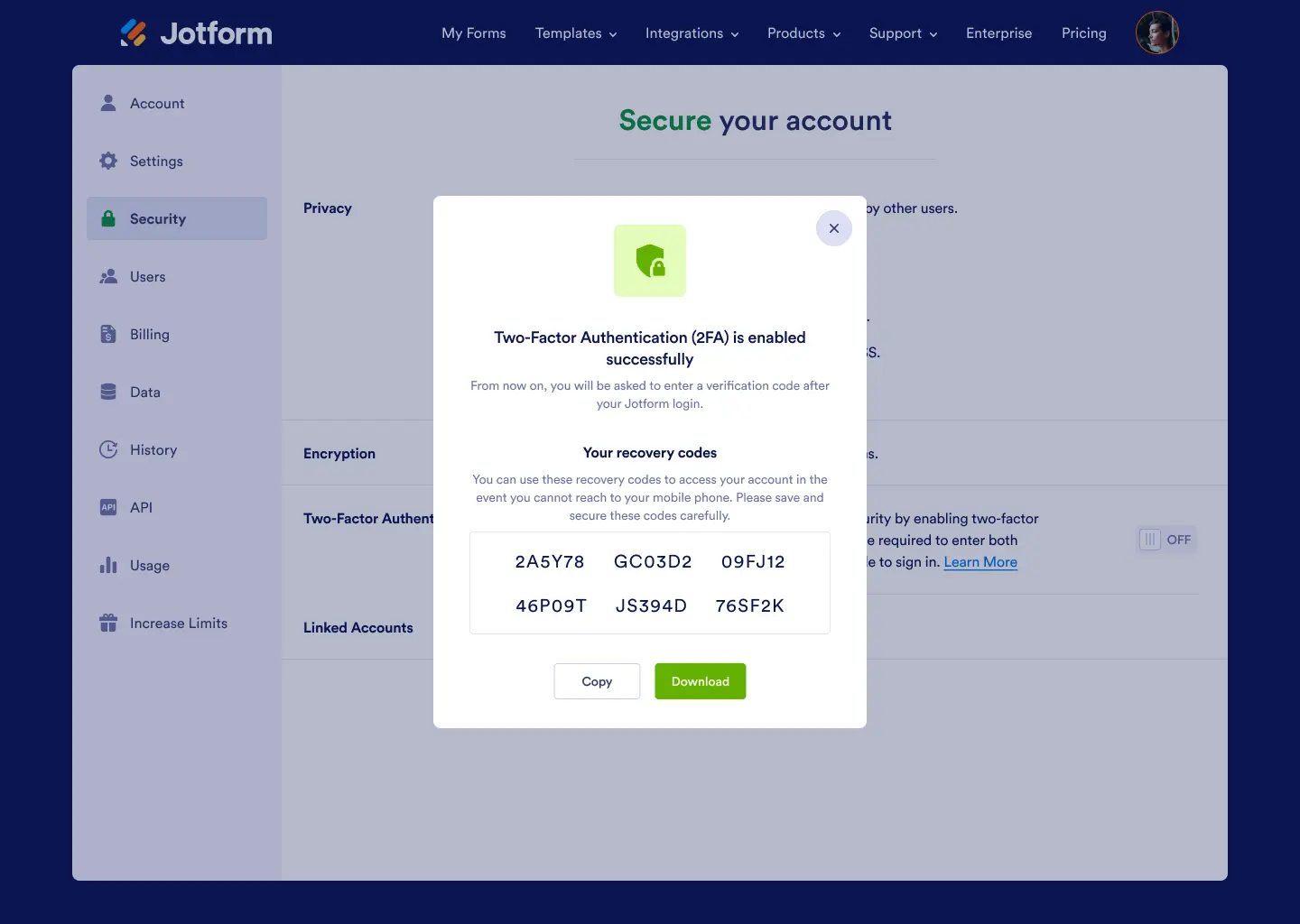 2FA enabled — recovery codes issued for backup access