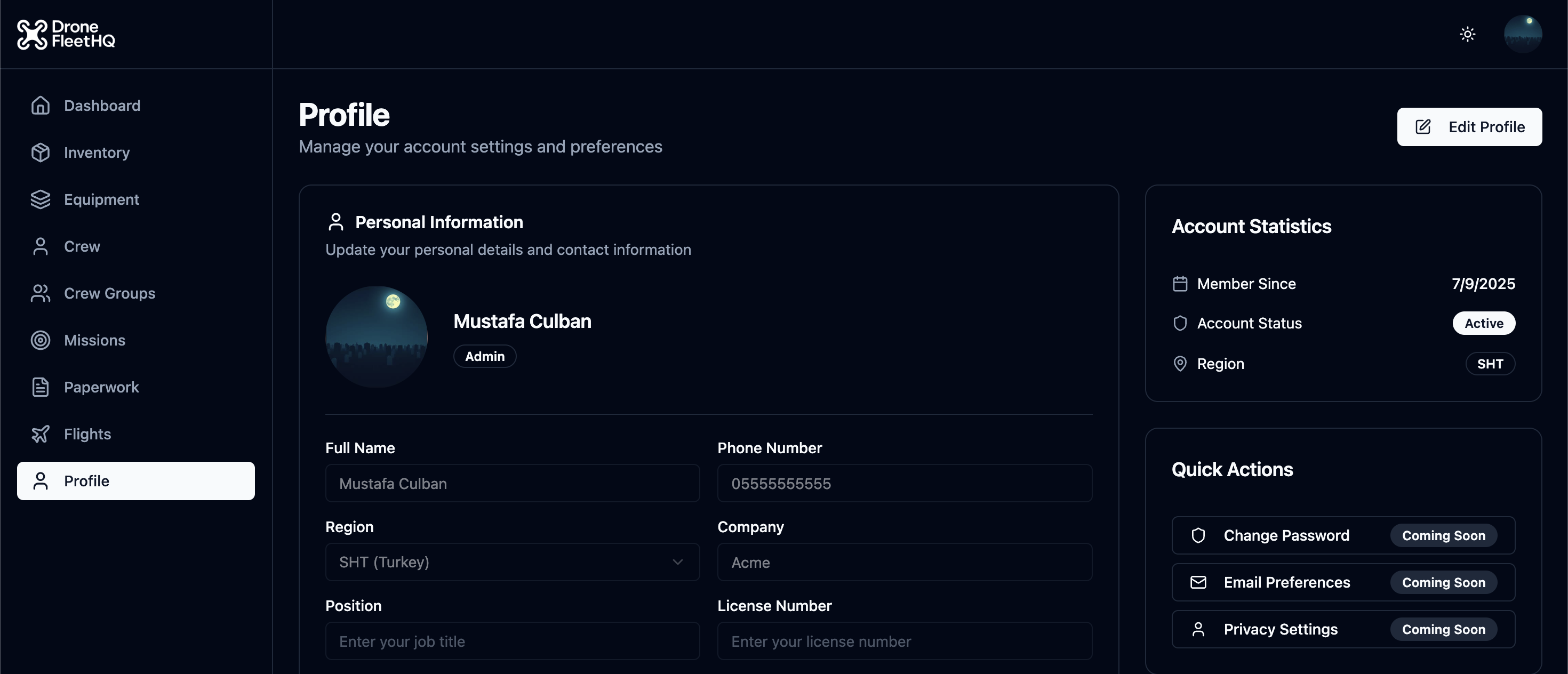 Operator profile with account status and region settings