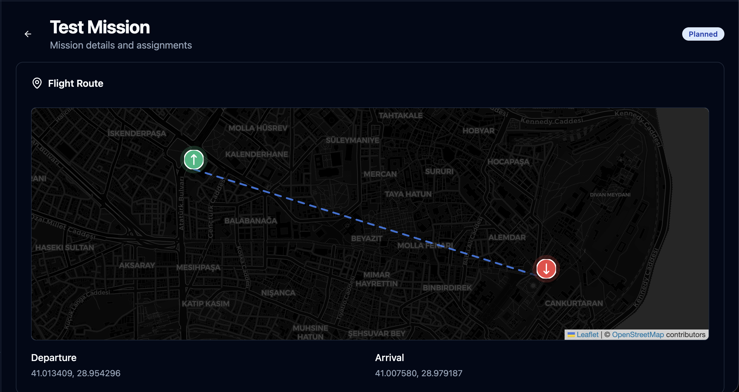 Mission planner — Leaflet flight route with departure and arrival