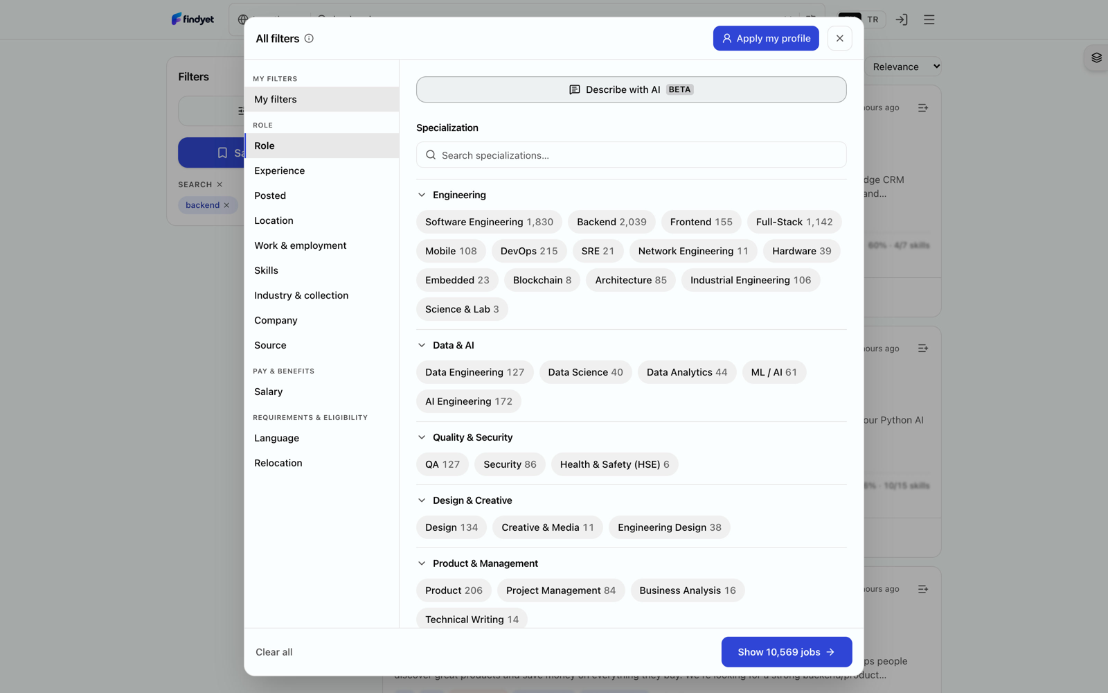 All filters — role, experience, location, salary, language, and relocation