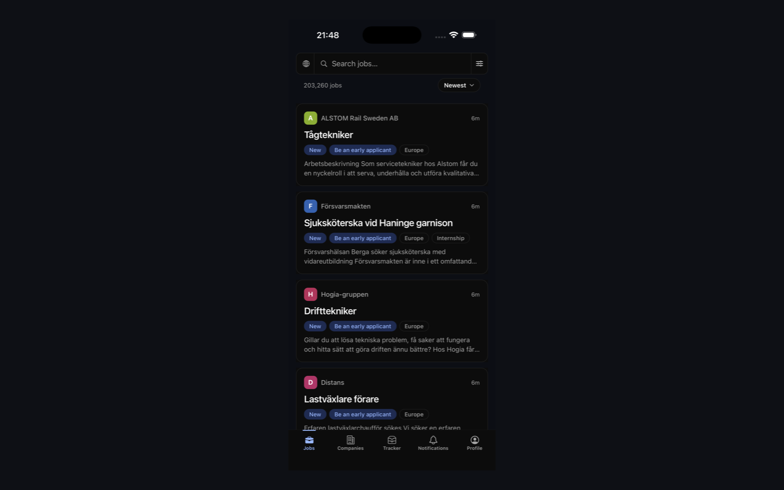 iOS app — job search, companies, tracker, and notifications (coming soon)