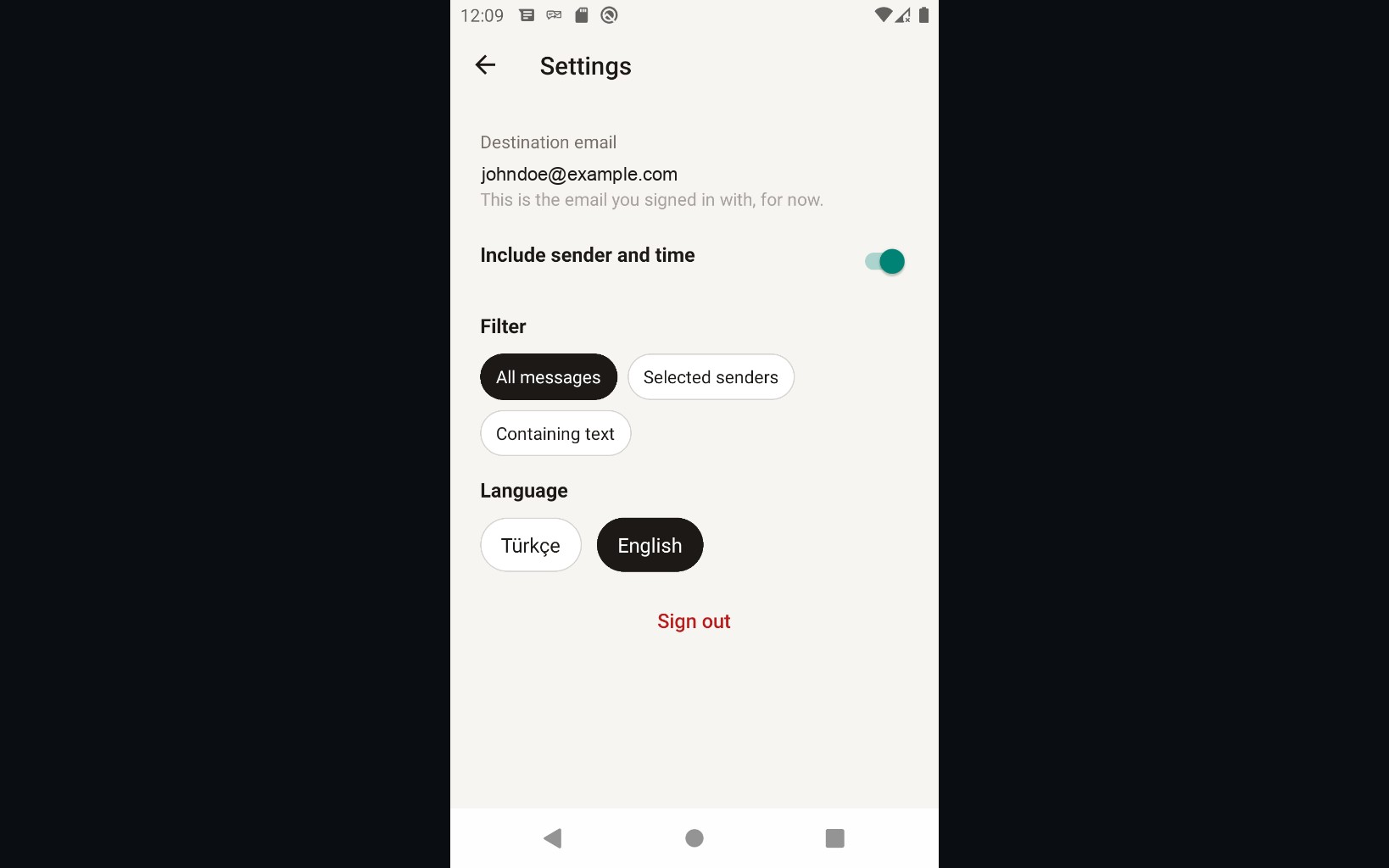 Settings — destination email, message filter, and language
