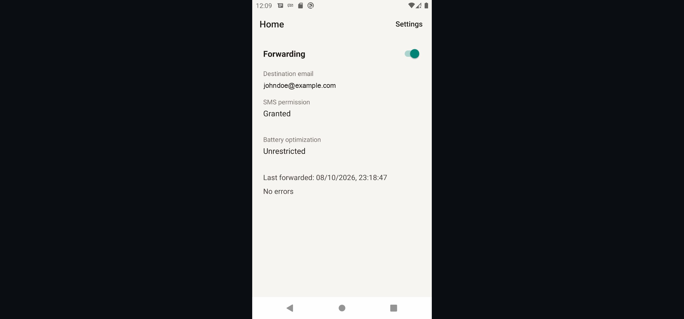 Home — forwarding on, destination email, and the last forwarded message