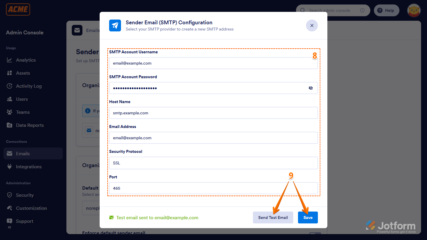 Custom SMTP configuration with sender email and password