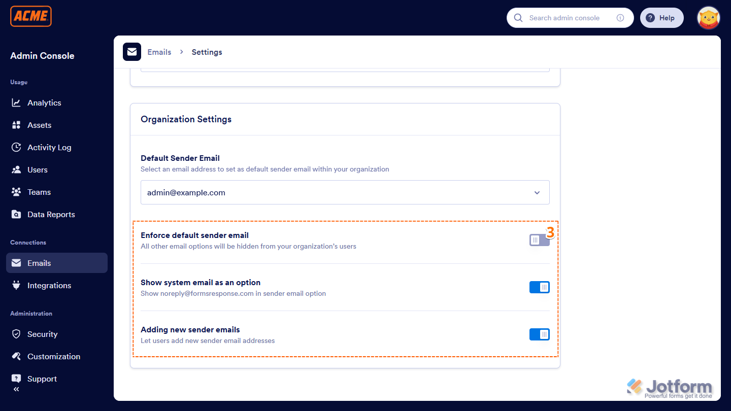 Setting up the Organization Settings to manage the SMTP configuration for the organization