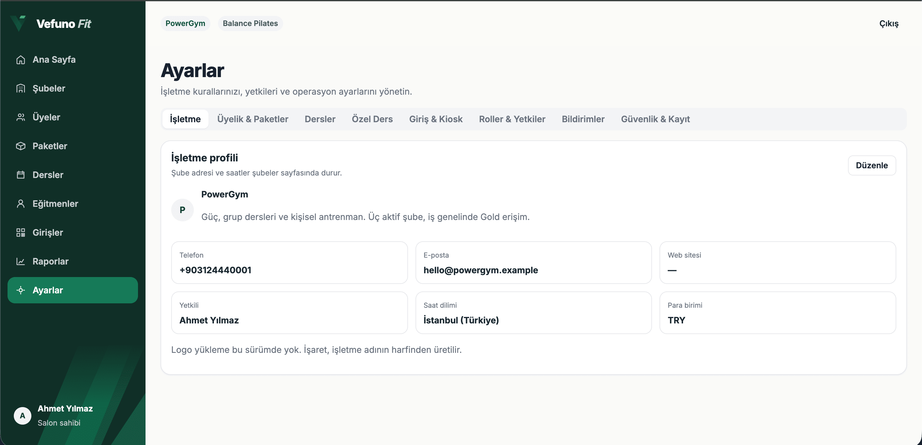 Business settings — profile, roles, and access rules