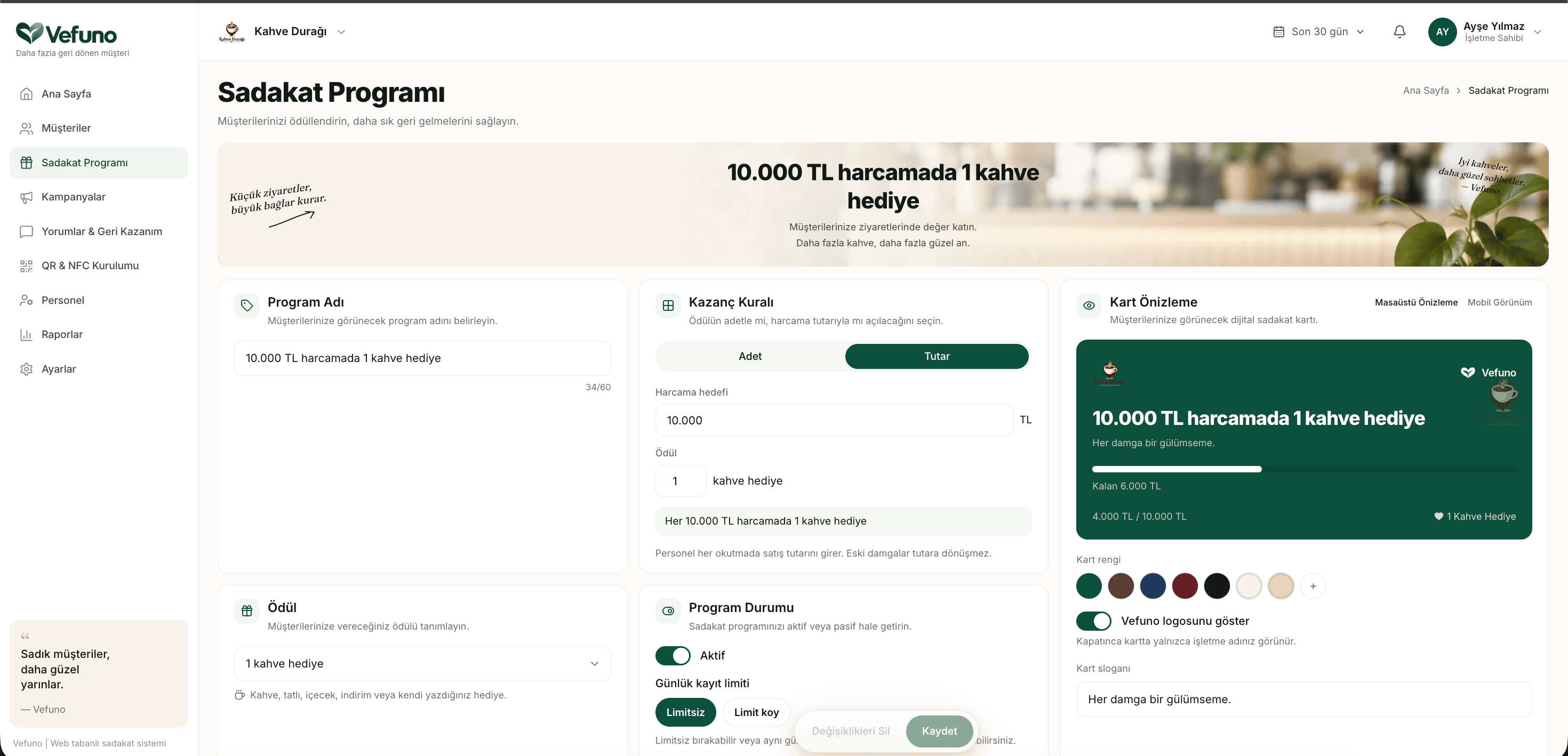 Loyalty program setup — spend rule, reward, and digital card preview