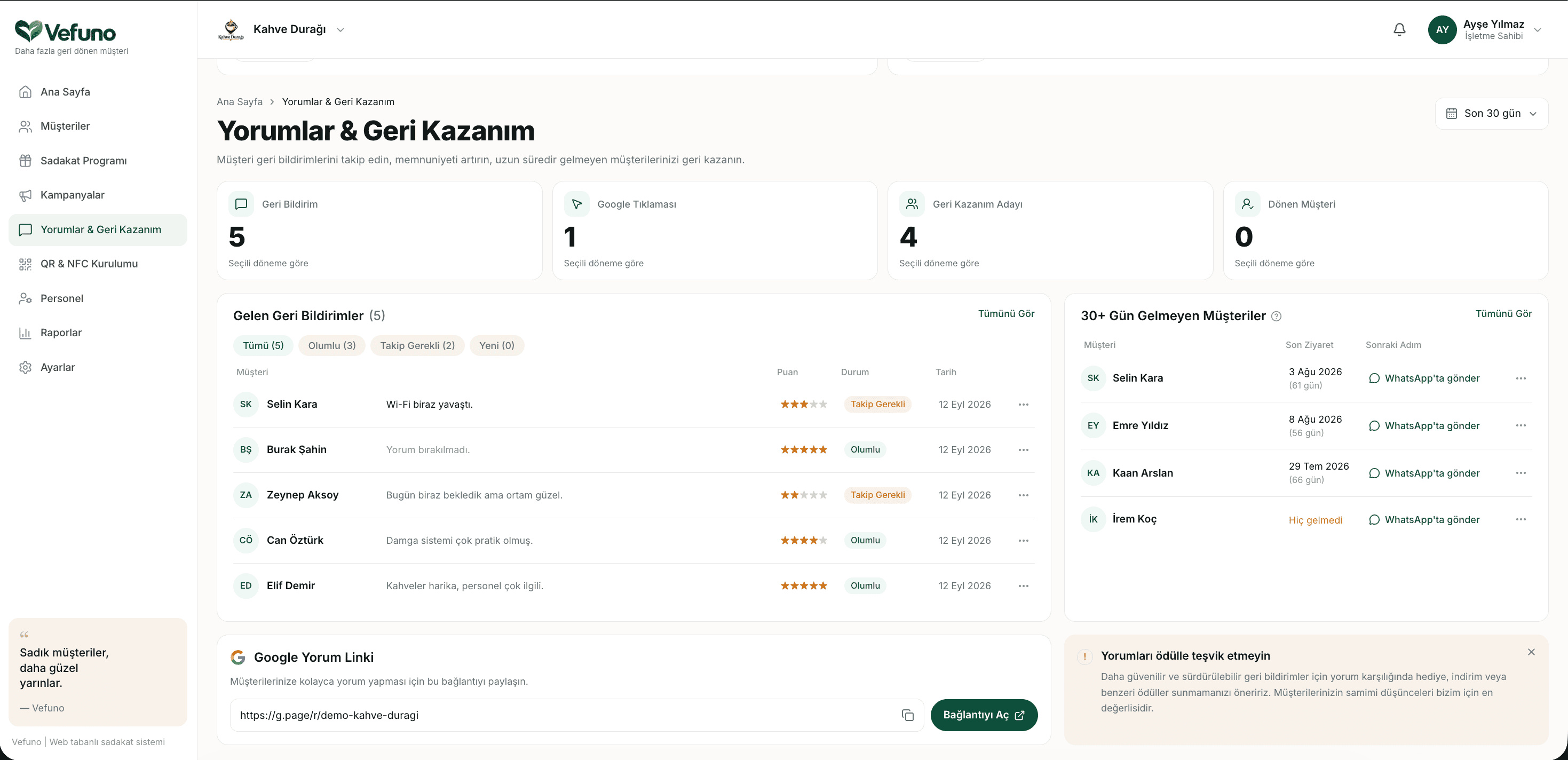 Reviews and reactivation — Google review link and customers quiet for 30+ days